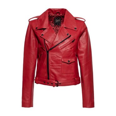 Queen Kerosin - Damen Lederjacke Marlon mit Leo Printing, rot, Gr. M* 